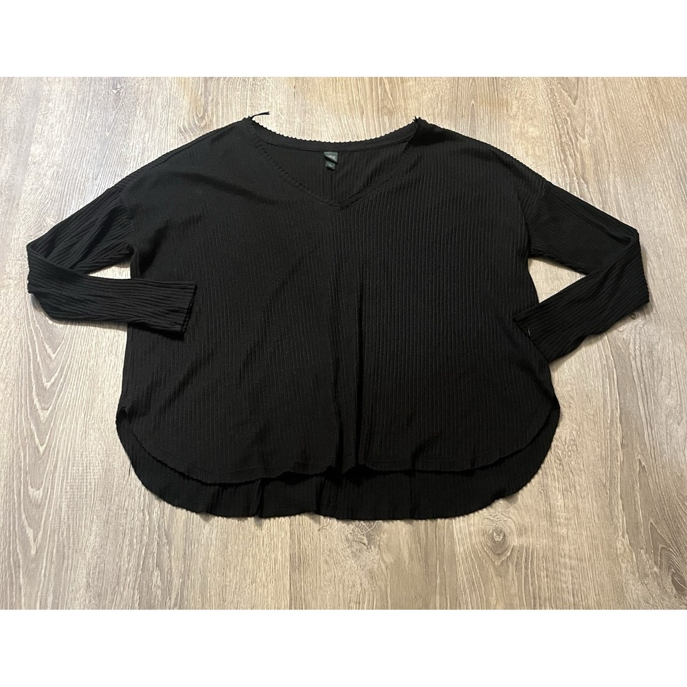 Wild Fable Women Top L Black Ribbed Circular Hem V Neck Pullover Casual Shirt